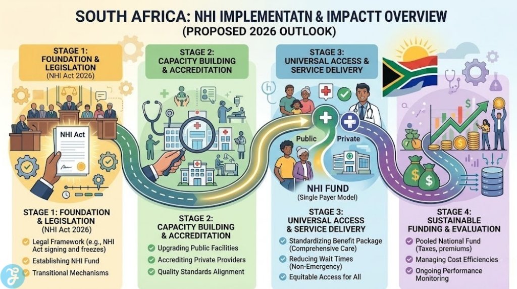 Infographic visualization outlining the proposed National Health Insurance (NHI) implementation stages and its intended impact on South Africa's combined healthcare landscape, with a detailed conceptual roadmap