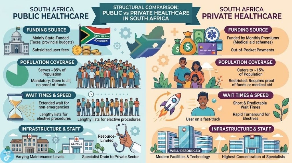 Comparative infographic visualizing the structural differences between Public and Private Healthcare in South Africa across Funding, Population Coverage, Wait Times, and Infrastructure, with a detailed conceptual design