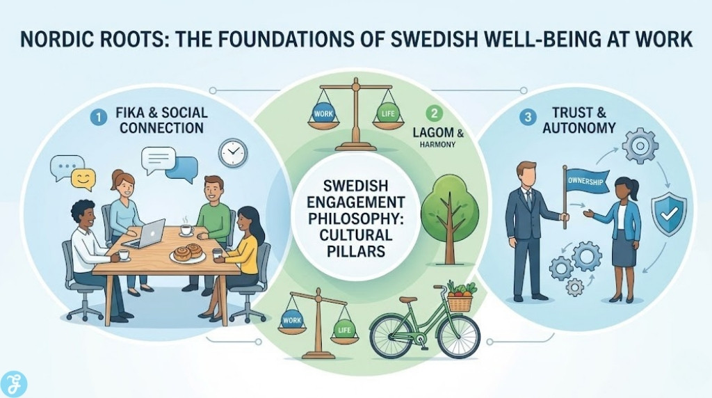 Infographic visualization of the fundamental cultural pillars of the Sweden Employee Engagement Philosophy, featuring distinct modules for FIKA & SOCIAL CONNECTION, LAGOM & SUSTAINABLE HARMONY, and TRUST & AUTONOMY. It uses a clean modern vector art style and subtle gradients, visually distinct from text lists.