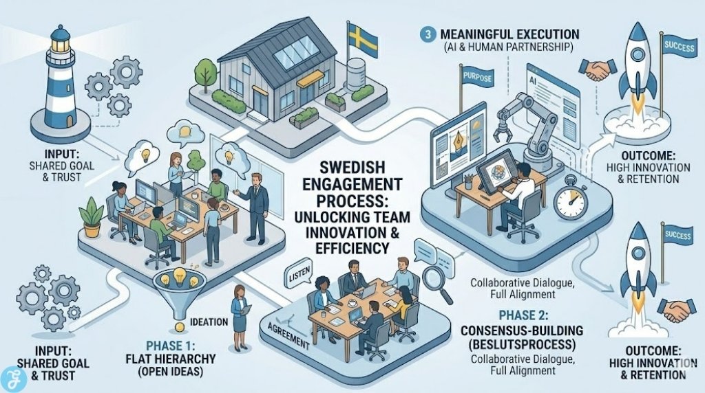 Isometric vector infographic visualizing the process flow for the Sweden Employee Engagement Philosophy. It illustrates how an INPUT of SHARED GOAL & TRUST transitions through FLAT HIERARCHY, CONSENSUS-BUILDING (Beslutsprocess), and MEANINGFUL EXECUTION (AI & Human Partnership) to achieve OUTCOMEs of HIGH INNOVATION & RETENTION. It uses a clean, modern aesthetic visually distinct from image_20.png.