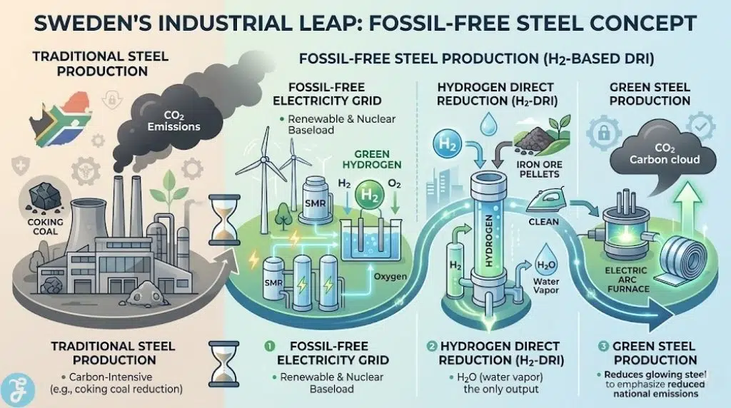 Conceptual infographic illustrating Sweden's 'Industrial Leap' toward fossil-free steel production, visualizing how the grid enables green hydrogen to replace coking coal in the iron reduction process