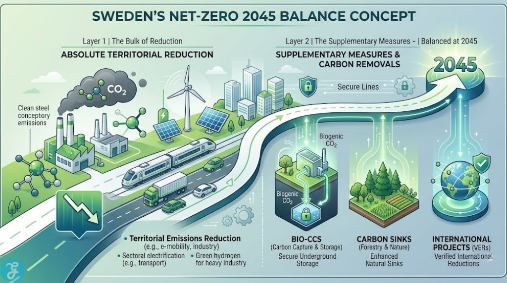 Detailed infographic conceptualizing Sweden's comprehensive path to carbon neutrality by 2045, showing the 85% absolute territorial reduction balanced by 15% supplementary measures (Bio-CCS, Forestry, International)