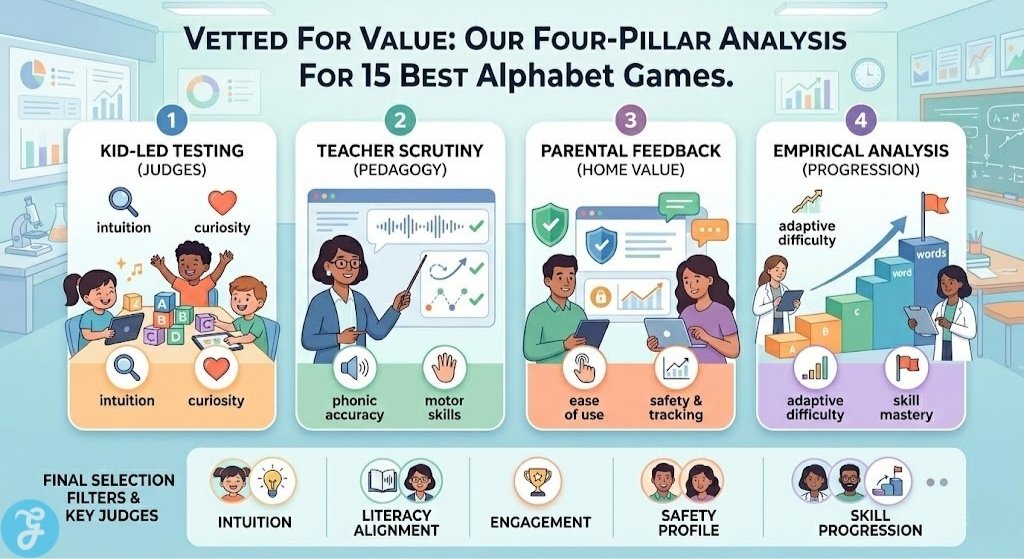 Digital infographic summarizing the rigorous selection process for alphabet games, highlighting testing with kids, teachers, parents, and research analysis of metrics like intuition, safety, and progression.
