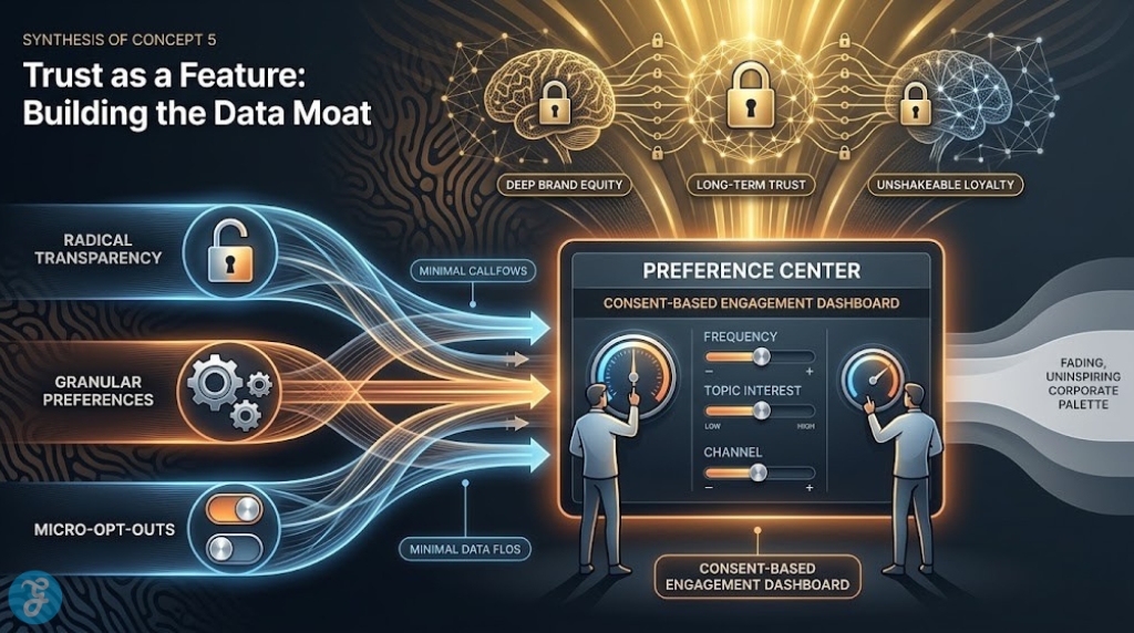 Infographic illustration conceptualizing 'Trust-as-a-Feature' as an uncopyable data trust moat built from blocks of radical transparency, explicit consent, and granular user preferences.