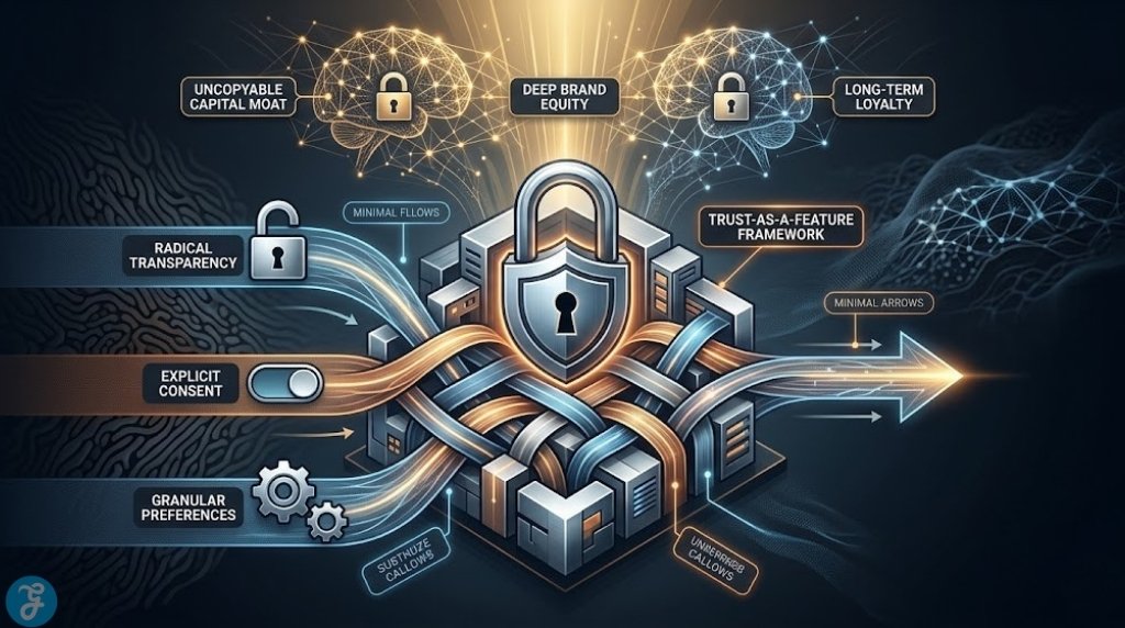 Infographic illustration conceptualizing 'Trust-as-a-Feature' as an uncopyable data trust moat built from blocks of radical transparency, explicit consent, and granular user preferences.