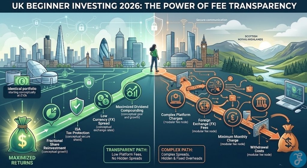 Conceptual infographic comparing a clean path of transparent investment growth versus a complex path where hidden platform fees eat into returns for UK beginners in 2026.