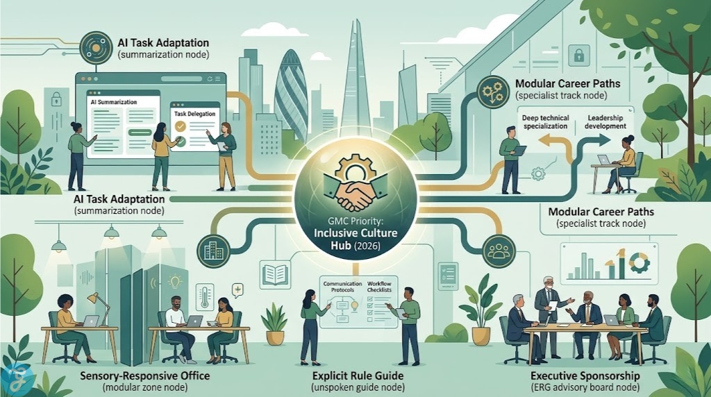 Conceptual visualization of the supportive 2026 UK Neuro-Inclusive Corporate Infrastructure, mapping the relationship between ERGs, AI, and modular career paths.