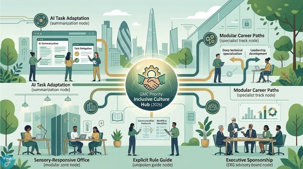 Conceptual visualization of the supportive 2026 UK Neuro-Inclusive Corporate Infrastructure, mapping the relationship between ERGs, AI, and modular career paths.