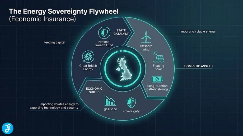 A professional 2026 infographic visualizing the UK Energy Sovereignty Flywheel, showing how state investment in domestic renewables acts as an economic shield against fossil fuel price shocks.
