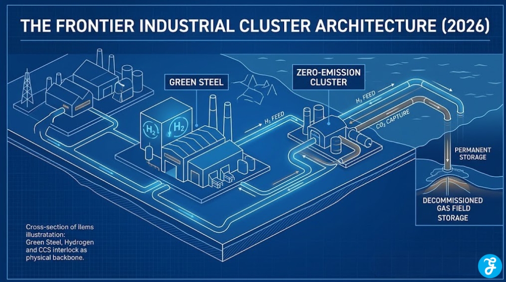 A detailed professional infographic showing the architectural layout of a 2026 UK industrial cluster, visualizing the integration of green steel, hydrogen supply, and carbon capture storage.