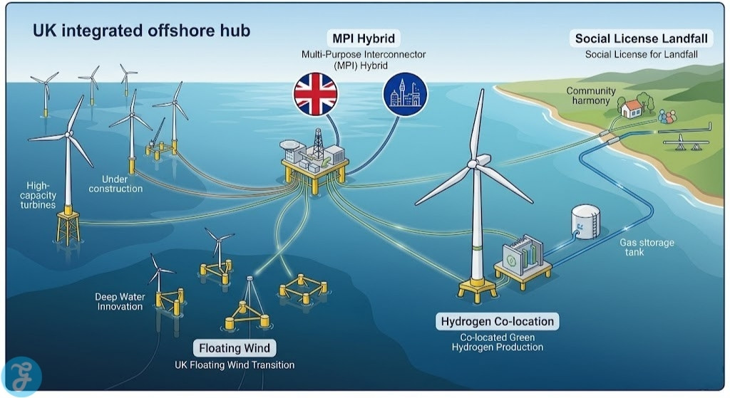 Professional illustration of a conceptual UK integrated offshore energy hub in 2026, visualizing floating wind, multi-purpose interconnectors, and green hydrogen production as an interconnected system.