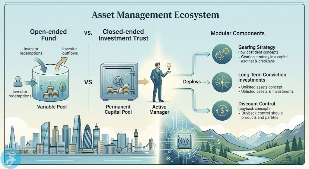 Conceptual visual comparing the asset management ecosystem of an open-ended fund versus a closed-ended investment trust, illustrating the strategic use of gearing during a recovery lifecycle in 2026 UK.
