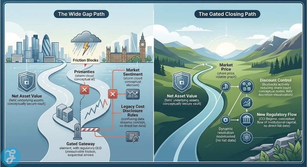 Professional illustration visualising the unique conceptual dynamics of a UK investment trust NAV and market price, comparing a wide discount path to a gated closing path with discount control and new regulatory flow in 2026.