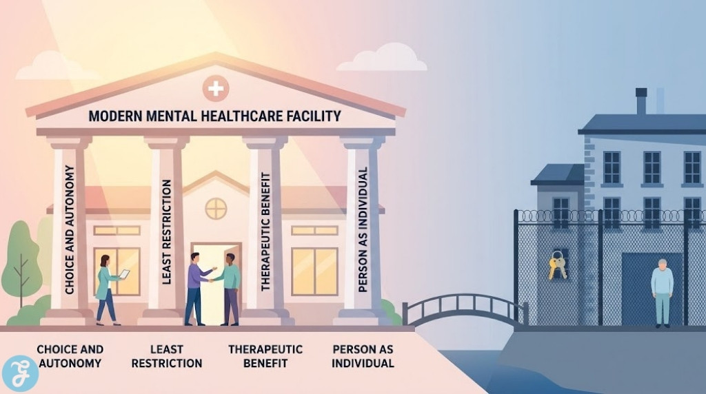 Infographic visualization showing the fundamental shift in power for the UK Mental Health Act. A new facility built on stylized pillars of Choice & Autonomy, Least Restriction, Therapeutic Benefit, and Person as Individual contrasts against an old institutional model with a high fence, keys, and cold tones. Professional, soft vector illustration.