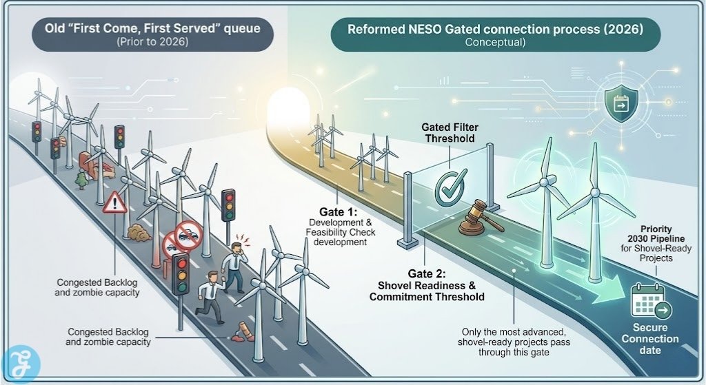 Conceptual infographic mapping the conceptual differences between the old UK grid queue and the 2026 gated connection process, visualizing the path to a shovel-ready connection date.