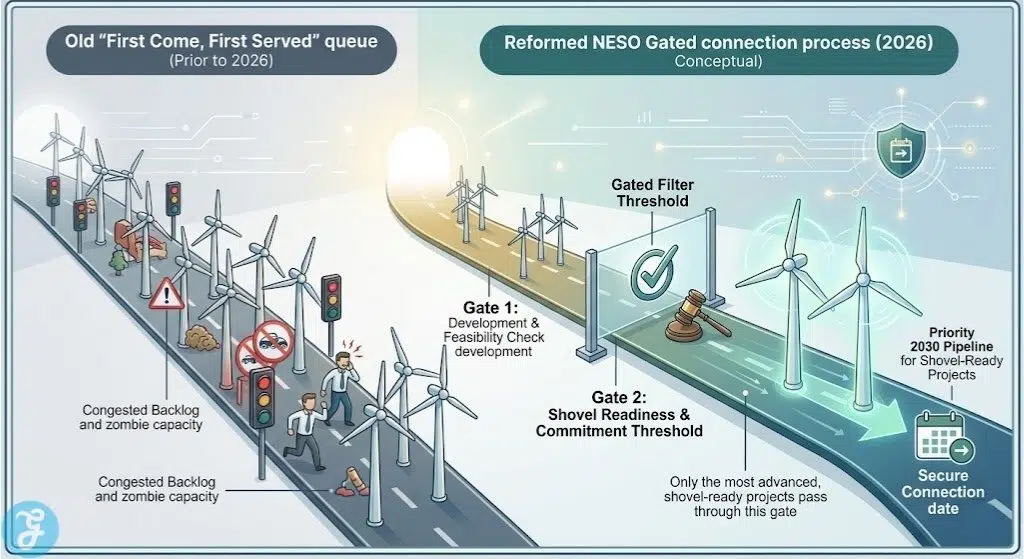 Conceptual infographic mapping the conceptual differences between the old UK grid queue and the 2026 gated connection process, visualizing the path to a shovel-ready connection date.
