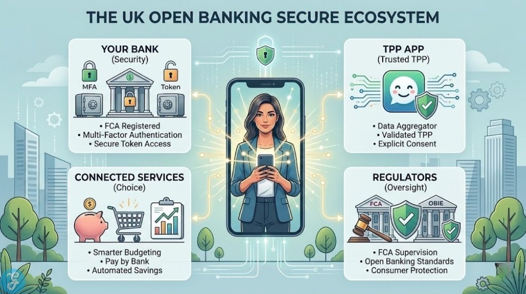 Infographic mapping the secure relationships in the UK Open Banking ecosystem, featuring User Control, Bank Security, Trusted TPPs, and Regulatory Oversight, without numbered lists.