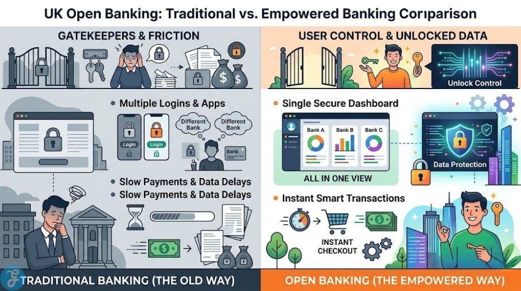 Infographic contrasting Traditional Banking with Open Banking based on user experience qualitative impact in UK, illustrating the qualitative shift to User Control, Full Visibility, and Automation without numbered list items.