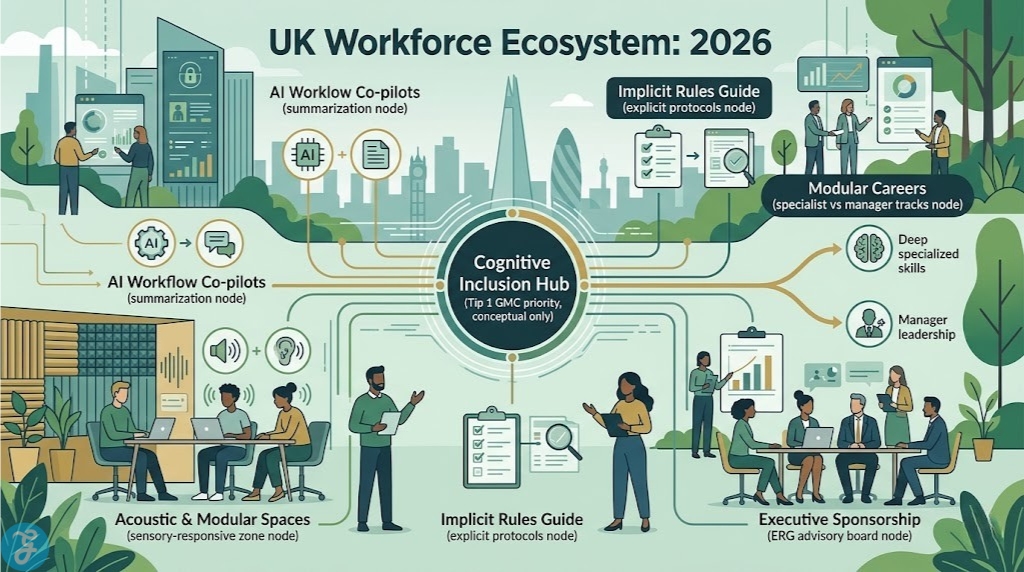 Conceptual visual of the dynamic UK Neurodiversity Workforce Ecosystem in 2026, synthesizing inclusive culture, AI tools, and sensory design.