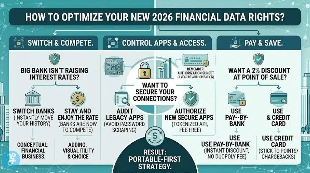 A stunning, high-value decision matrix infographic action plan for a proactive consumer in 2026. A main question "HOW TO OPTIMIZE YOUR NEW 2026 FINANCIAL DATA RIGHTS?" leads to branching choices without excessive arrows. Zones: "SWITCH & COMPETE" (switch for rate vs stay for rate), "CONTROL APPS & ACCESS" (audit legacy apps vs authorize secure token API apps), "PAY & SAVE" (use Pay-by-Bank 2% discount vs use credit card utility). It visualizes choices based on CFPB rules. Modern teal and blue aesthetic matching image_12.png.