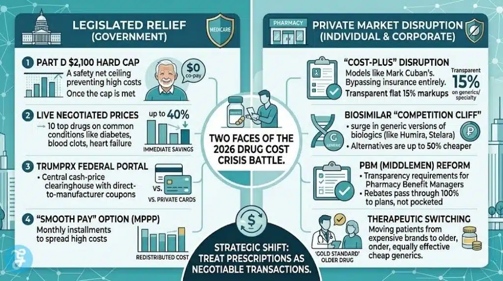 A stunning infographic visualizing the two approaches to managing US prescription drug costs in 2026. One panel focuses on "LEGISLATED RELIEF (GOVERNMENT)" with Part D $2,100 Part D out-of-pocket cap, live negotiated prices, TrumpRx Federal Portal, and Smooth Pay (MPPP). The second panel is "PRIVATE MARKET DISRUPTION (INDIVIDUAL & CORPORATE)" with Cost-Plus pharmacies, biosimilar competition, PBM reform, and therapeutic switching. The design contrasts new Medicare protections vs. private-sector workarounds in a modern teal, blue, and gold style.