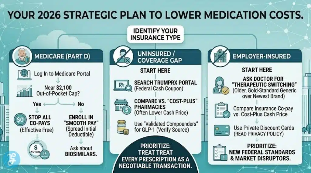 A stunning, professional decision matrix infographic guiding users on how to lower medication costs in the US in 2026. It has three vertical lanes based on insurance type: "MEDICARE (PART D)" (Track the $2,100 Part D Cap, enroll in Smooth Pay, ask about biosimilars); "UNINSURED / COVERAGE GAP" (Search TrumpRx Federal Portal, compare to Cost-Plus pharmacies); and "EMPLOYER-INSURED" (Ask doctor for "therapeutic switching," compare generic co-pays)