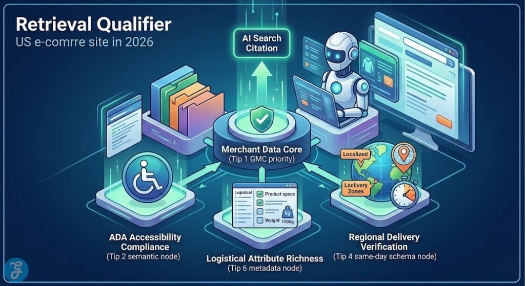 Conceptual visual of the 2026 US e-commerce technical SEO hierarchy, showing the Merchant Data Core and technical trust gates leading to AI search citation.