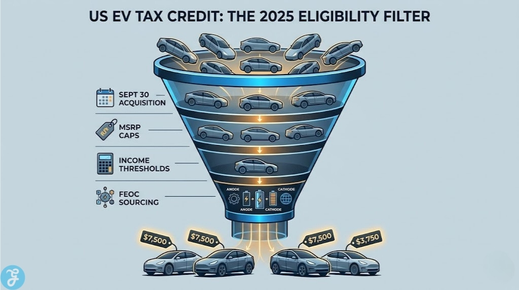 Eligibility filter infographic for the 2025 US EV Tax Credit, showing how cars pass through chronological, financial, and sourcing filters before the sunset date.