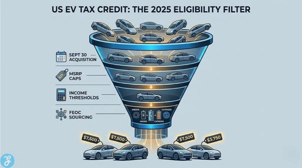 Eligibility filter infographic for the 2025 US EV Tax Credit, showing how cars pass through chronological, financial, and sourcing filters before the sunset date.