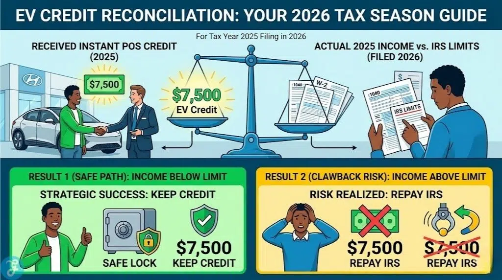 An infographic guide for the 2026 tax season, explaining the strategic relationship between taking an instant EV point-of-sale credit and potential repayment based on final 2025 income limits.