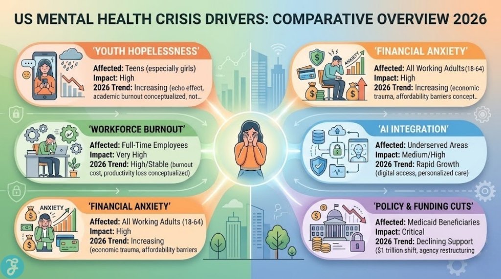 Comparative infographic visualizing the five primary drivers of the US mental health crisis in 2026 (Youth, Workforce, Financial, AI, Policy), their impact levels, affected groups, and trends, based on a structured overview table