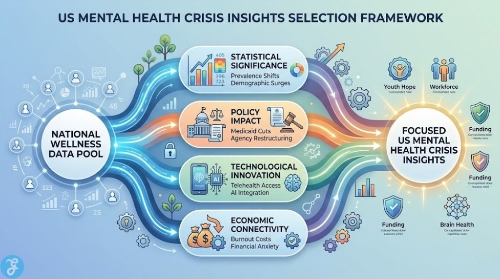 Infographic visualizing the four criteria—Statistical, Policy, Tech, and Economic—used to evaluate and filter insights for the US mental health crisis in 2026, without repetitive list data