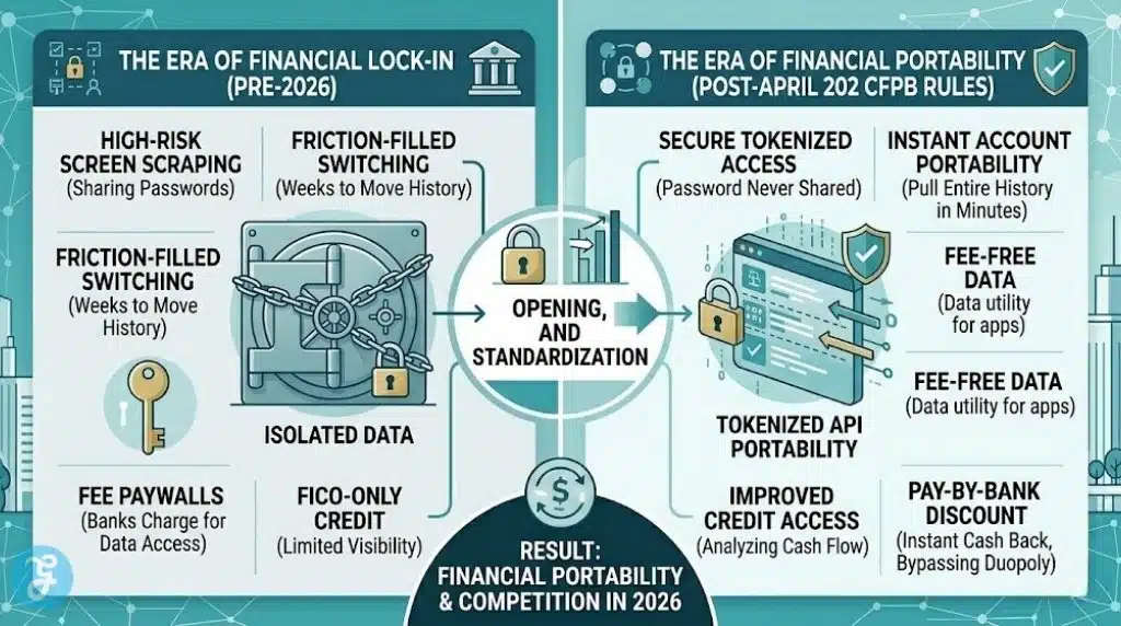 A professional infographic visualizing the US open banking revolution journey in 2026. A horizontal conceptual flow contrasts "THE ERA OF FINANCIAL LOCK-IN (PRE-2026)" with isolated data, screen scraping/password risks, friction, and limited FICO-only credit. This transitions to "THE ERA OF FINANCIAL PORTABILITY (POST-APRIL 2026 CFPB RULES)" with secure tokenized APIs, instant bank account switching, fee-free data, improved credit access via cash flow, and pay-by-bank direct discounts. It visualizes security, portability, and utility.