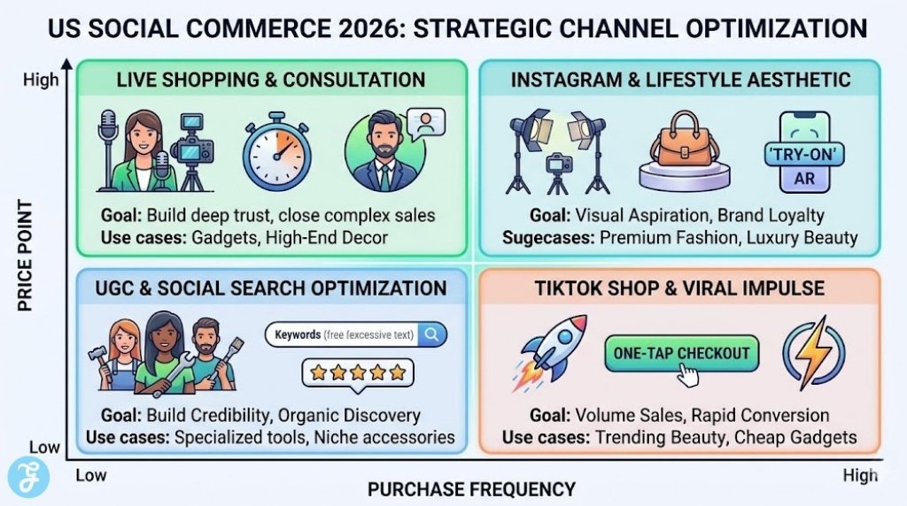 A professional illustrative matrix optimizing US social commerce strategies in 2026, comparing platform suitability by catalog price point and purchase frequency (Live Shopping, Instagram Lifestyle, UGC Social Search, and TikTok Viral Impulse), in a modern digital style.
