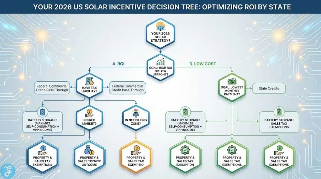 2026 US solar incentive decision matrix: flowchart path to optimize ROI based on ownership, leasing, battery use, and state SREC markets.