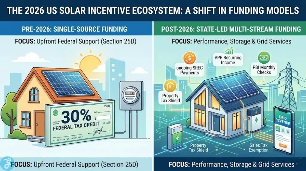 Comparison of 2026 US solar funding models: shifting from federal tax credit to state-led performance and battery revenue streams.