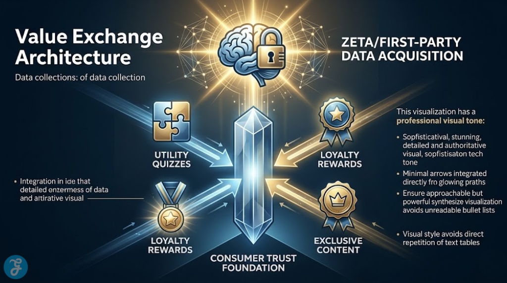 Infographic diagram showing the conceptual building blocks of Value Exchange Architecture, where converging blocks of Utility, Loyalty, and Content create the secure Zeta Data core.