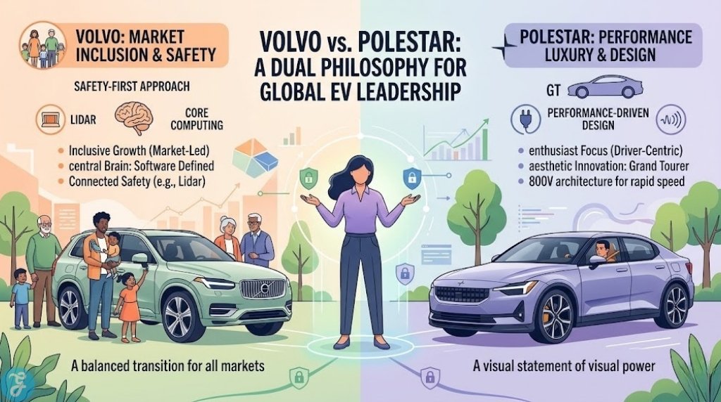 Comparative infographic visualizing the dual brand philosophy of Volvo (Market Inclusion/Safety) and Polestar (Performance Luxury/Design) in the global EV race, showing distinct user experiences without repetitive lists