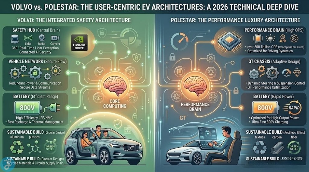 Infographic providing a conceptual technical comparison of Volvo's 'Integrated Safety Architecture' and Polestar's 'Performance Luxury Architecture' in 2026, visualizing their unique user-centric engineering approaches