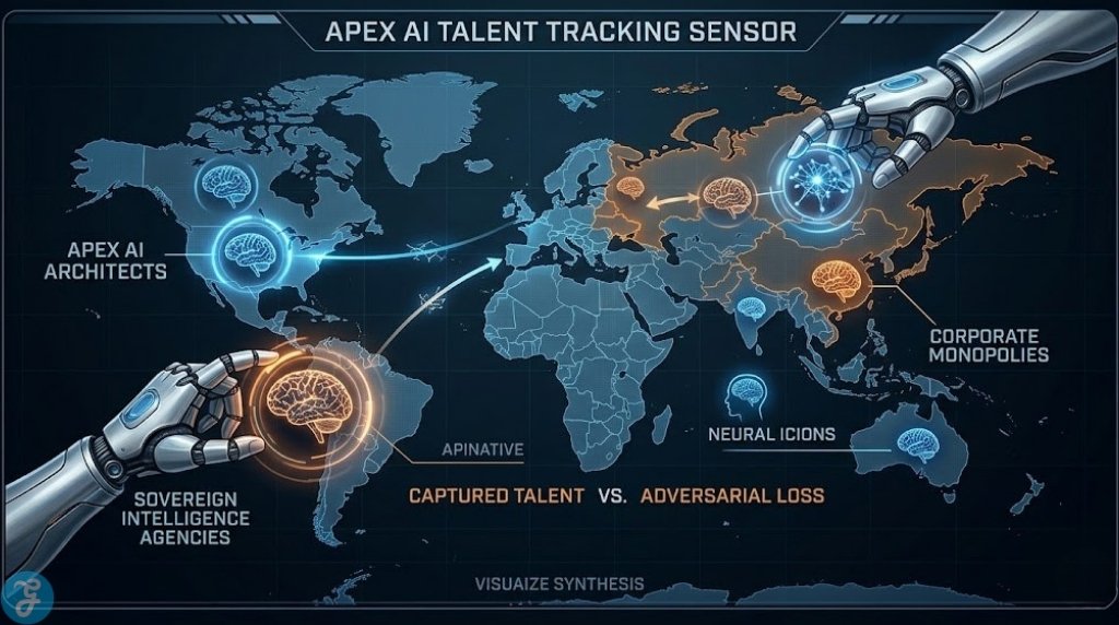 Infographic tactical screen visualization titled Apex AI Talent Tracking Sensor, showing sovereign intelligence agencies actively targeting and capturing rare neural network signatures (Apex AI Architects).