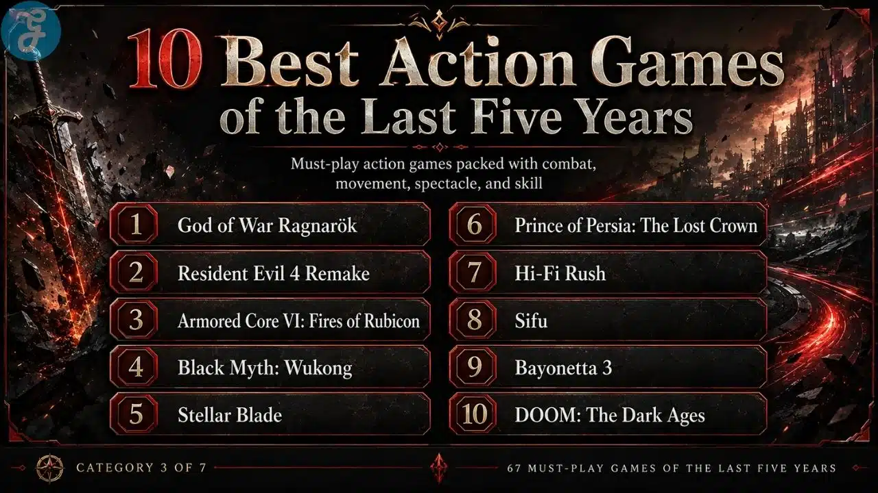 Infographic listing 10 best action games of the last five years including God of War Ragnarök, Resident Evil 4 Remake, and DOOM The Dark Ages.