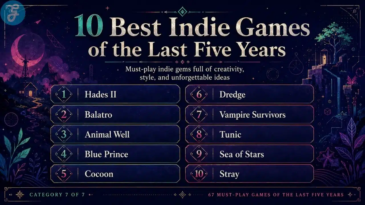 10-best-indie-games-of-the-last-five-years Alt Text: Infographic listing 10 best indie games of the last five years including Hades II, Balatro, Animal Well, and Stray.