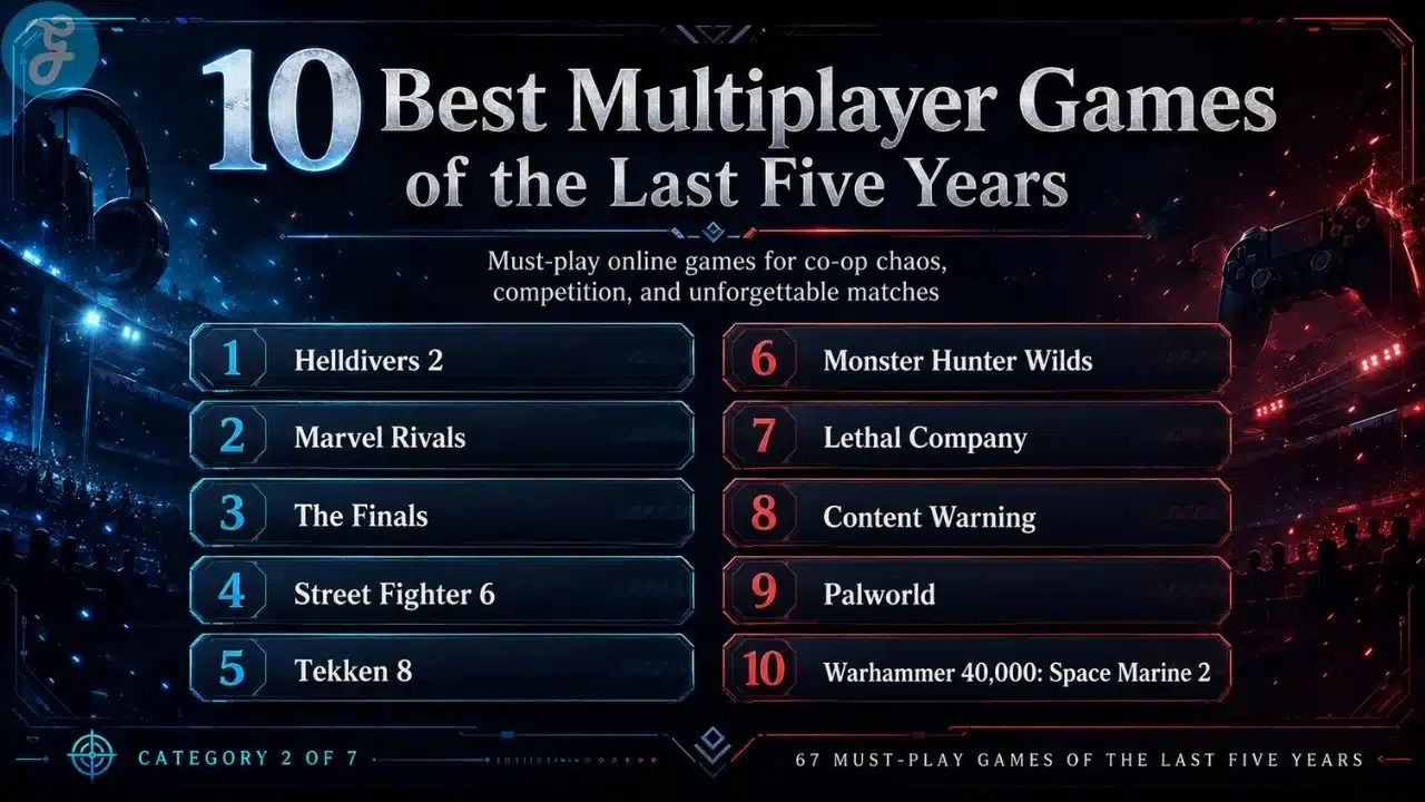 Infographic listing 10 best multiplayer games of the last five years including Helldivers 2, Marvel Rivals, The Finals, and Tekken 8.