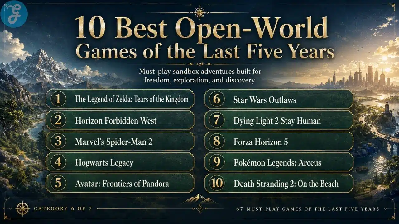 Infographic listing 10 best open-world games of the last five years including Tears of the Kingdom, Horizon Forbidden West, and Forza Horizon 5.