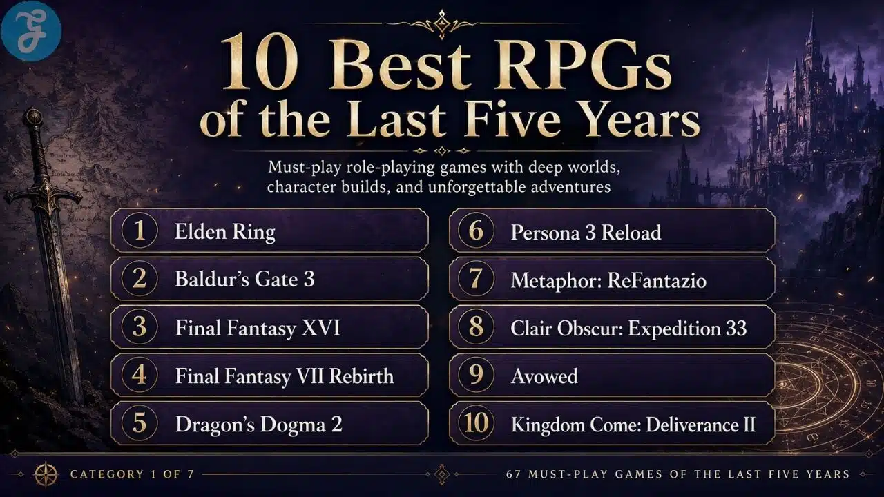 Infographic listing 10 best RPGs of the last five years with Elden Ring, Baldur’s Gate 3, Final Fantasy XVI, and more.