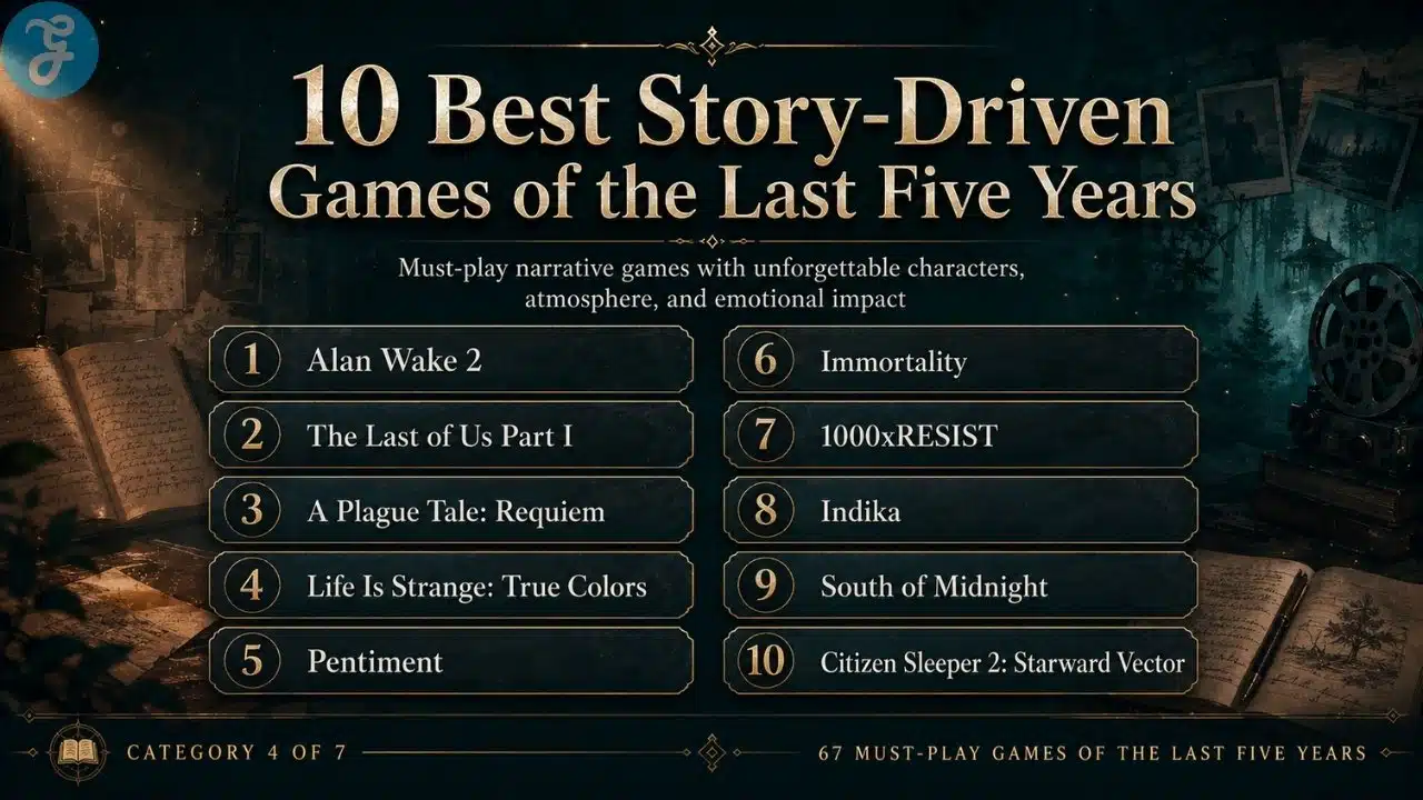 Infographic listing 10 best story-driven games of the last five years including Alan Wake 2, Pentiment, Indika, and Citizen Sleeper 2.