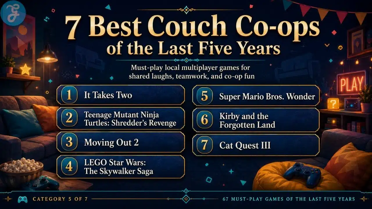 Infographic listing 7 best couch co-op games of the last five years including It Takes Two, Moving Out 2, and Cat Quest III.