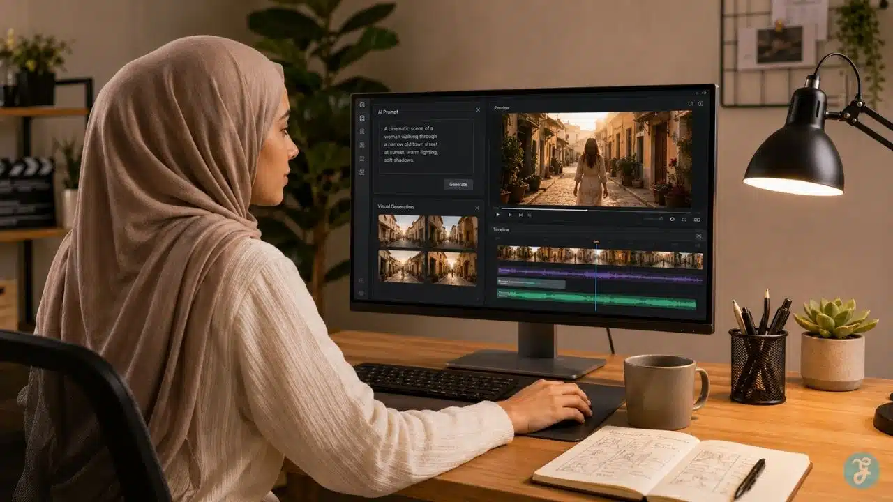 AI video creation guide showing a creator workspace with video timeline and AI tools