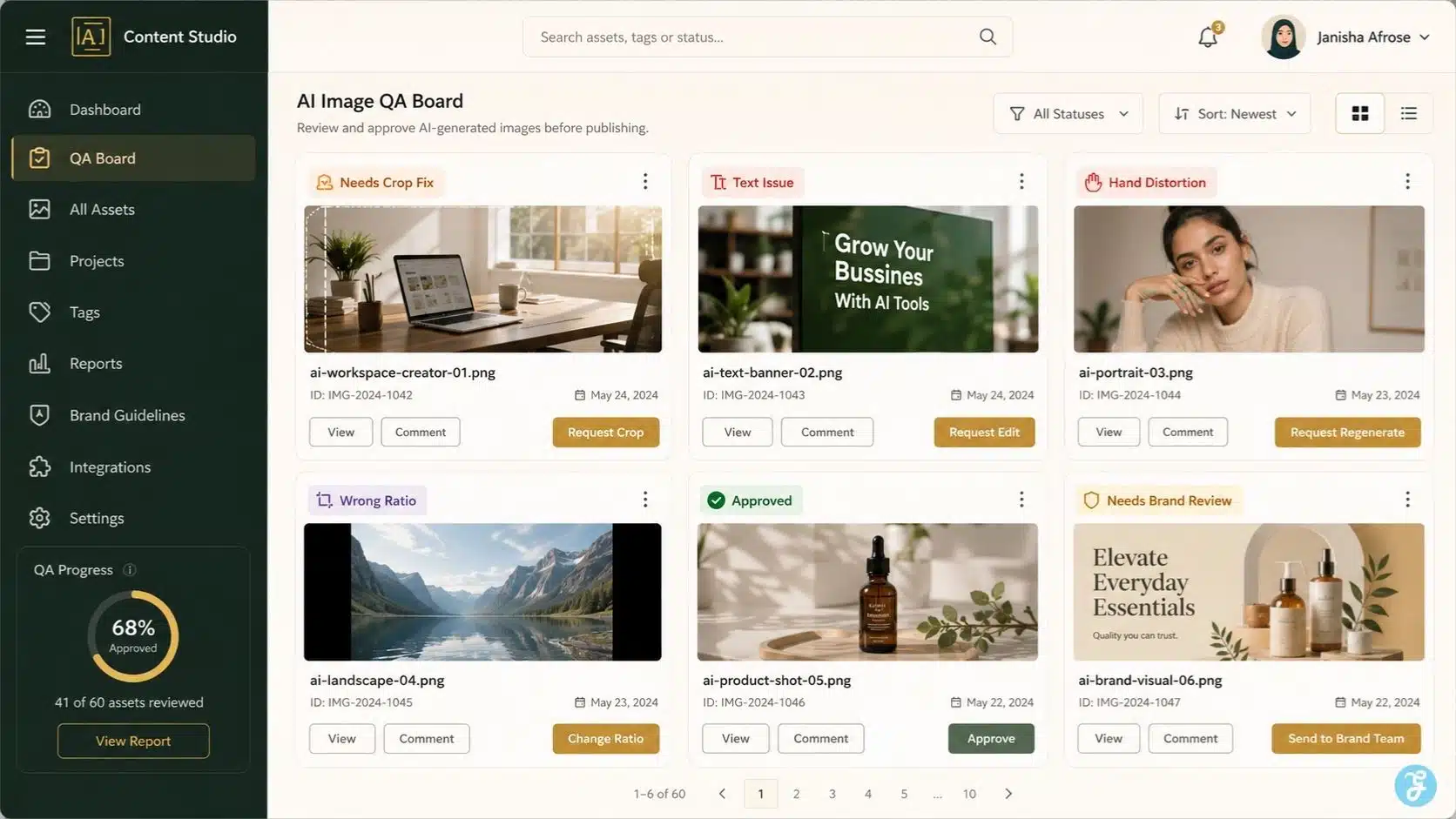 AI image quality assurance board for reviewing visual mistakes