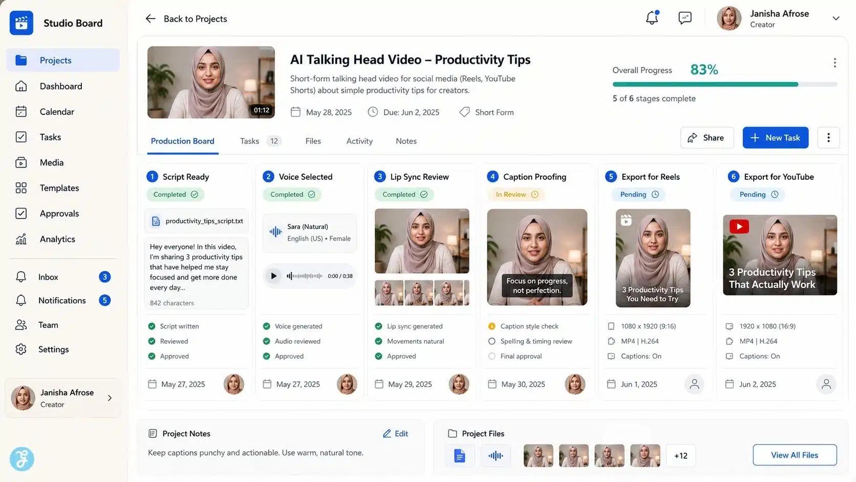 AI talking head video planning dashboard